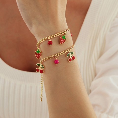 Bransoletka na rękę stal chirurgiczna pozłacana 14k złotem, WISIENKI czerwone BST1520