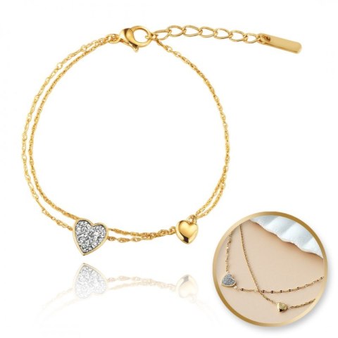 Bransoletka podwójna na rękę stal chirurgiczna pozłacana 14k złotem, serca, cyrkonie - BST1549