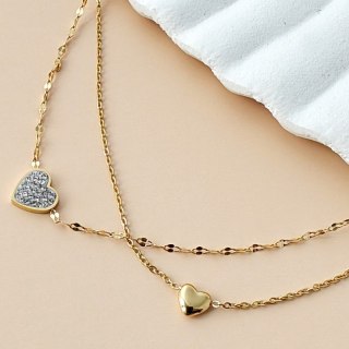 Bransoletka podwójna na rękę stal chirurgiczna pozłacana 14k złotem, serca, cyrkonie - BST1549