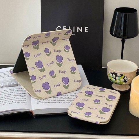 Lusterko kosmetyczne z ekoskóry, otwierane, stojące duże, tulipany 15 x 20 cm L22