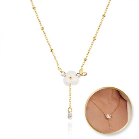 Naszyjnik stal szlachetna pozłacana 14k złotem, biały KWIAT, cyrkonie NST2146