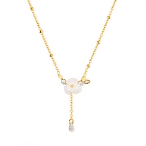 Naszyjnik stal szlachetna pozłacana 14k złotem, biały KWIAT, cyrkonie NST2146