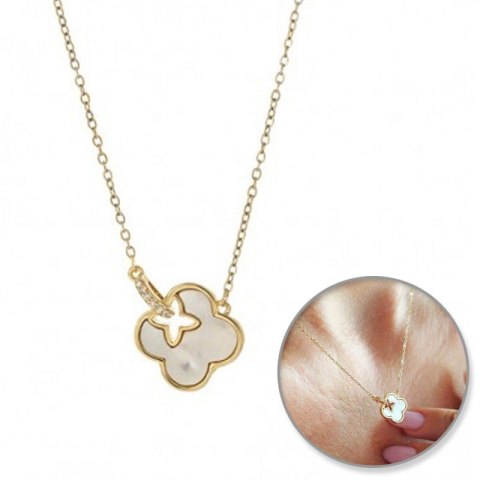 Naszyjnik stal szlachetna pozłacana 14k złotem, cyrkonie, koniczynka NST2196