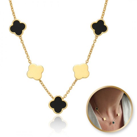 Naszyjnik stal szlachetna pozłacana 14k złotem, koniczynki czarne NST2194