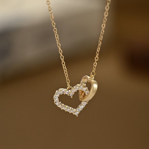 Naszyjnik stal szlachetna pozłacana 14k złotem, podwójne SERCA cyrkonie NST2197