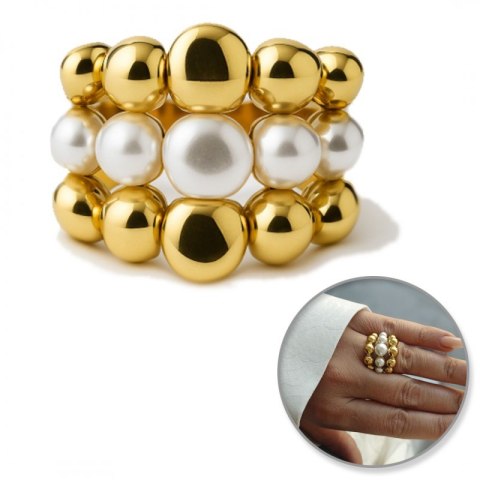 Pierścionek stal chirurgiczna platerowana złotem regulowany PERŁY KULKI PST945