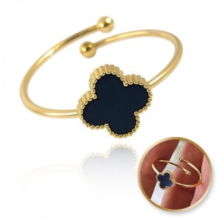 Pierścionek stal chirurgiczna platerowana złotem regulowany, czarna koniczynka PST951