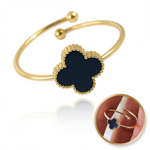 Pierścionek stal chirurgiczna platerowana złotem regulowany, czarna koniczynka PST951