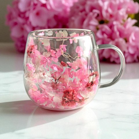 Szklanka termiczna z kwiatami w środku, gipsówka hortensje róż 350 ml 1szt SZK182