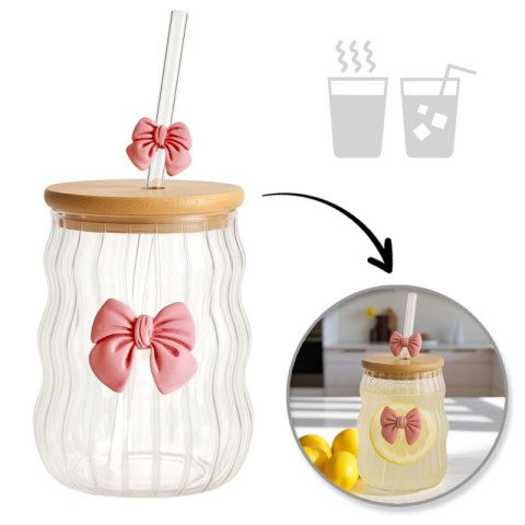 Szklanka z falowanymi ściankami KOKARDA 450 ml ze słomką i pokrywką SZK183