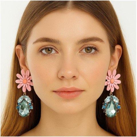 Efektowne kolczyki z kryształami niebieskimi i dużym różowym kwiatem K572