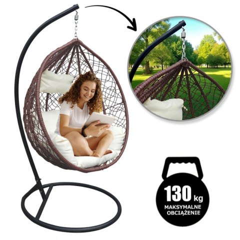 Fotel wiszący, huśtawka kokon brązowy z jasnymi poduszkami KR23BR