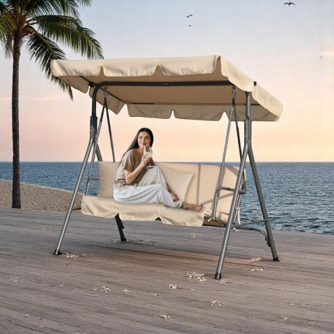 Huśtawka ogrodowa 3-osobowa z baldachimem i 2 poduszkami, beżowa HO01K