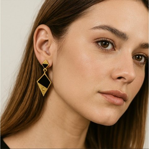 Kolczyki geometryczne romby, czarno złote K943CZ