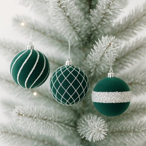 Komplet bombek 9 szt. w opakowaniu, welurowe zielone, 8cm, bombki na choinkę BSN68