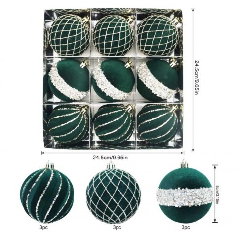 Komplet bombek 9 szt. w opakowaniu, welurowe zielone, 8cm, bombki na choinkę BSN68