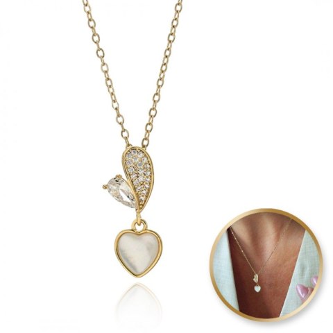 Naszyjnik stal szlachetna pozłacana 14k złotem - SERCE cyrkonie, masa perłowa NST2203