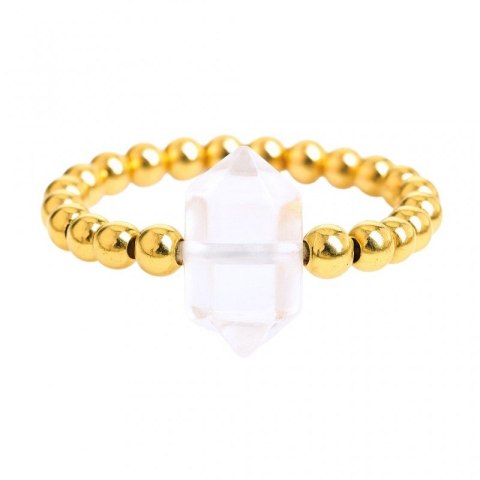 Pierścionek na gumce stal chirurgiczna pozłacana kryształ górski PST870