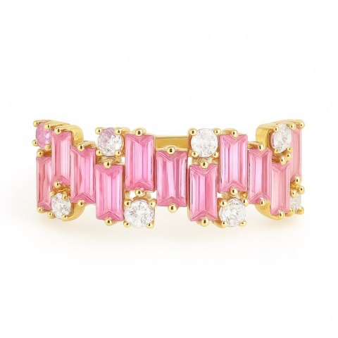 Pierścionek pozłacany stal chirurgiczna platerowana złotem, różowe cyrkonie PST853, Rozmiar pierścionków: US8 EU17