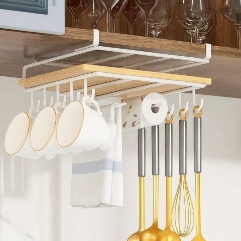 Półka, uchwyt podwieszany do szafki, organizer kuchenny z haczykami, biały OR116B