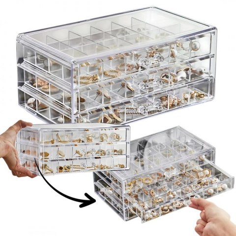 Szkatułka na biżuterię, organizer transparentny - 3 szuflady, 72 przegródki PD159B
