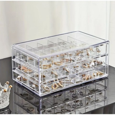 Szkatułka na biżuterię, organizer transparentny - 3 szuflady, 72 przegródki PD159B