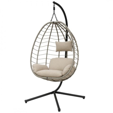 Fotel wiszący huśtawka, kokon składany szary z beżowymi poduszkami KR37SZ
