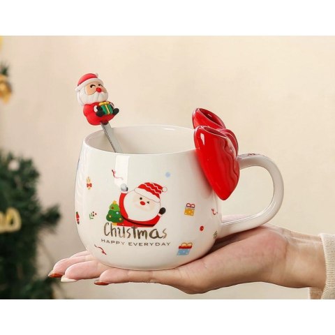 KUBEK ŚWIĄTECZNY Z KOKARDĄ - zestaw w pudełku z łyżeczką 400 ml KB25CZE