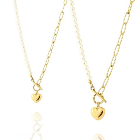 Naszyjnik stal szlachetna pozłacana 14k złotem, SERCE, perły NST2213