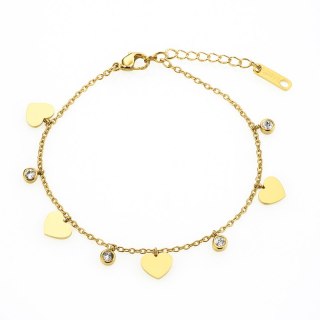 Bransoletka na rękę stal chirurgiczna pozłacana złotem, serca, cyrkonie BST1582