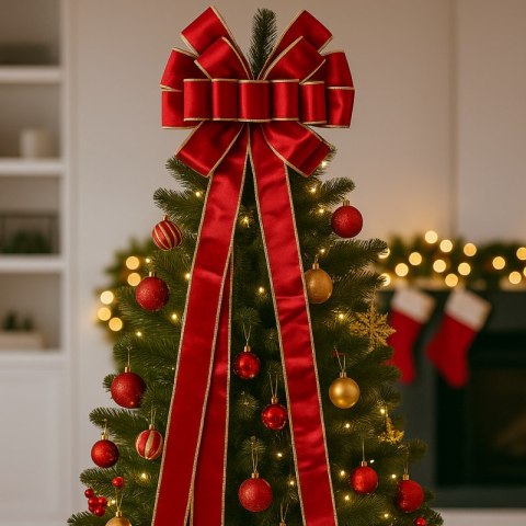 Duża czerwona kokarda XL ozdoba świąteczna na drzwi, choinkę welur 33 x 120cm WOZ44