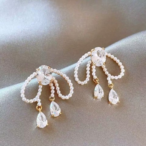 Kolczyki ze stali szlachetnej pozłacane 14k złotem, cyrkonie perły KST3474