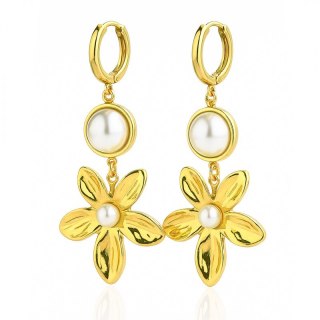 Kolczyki ze stali szlachetnej pozłacane 14k złotem, wiszące kwiaty z perłą KST3440