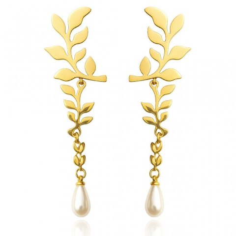 Kolczyki ze stali szlachetnej pozłacane 14k złotem, wiszące z perłą KST3449