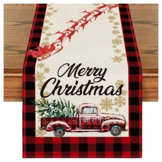 Lniany bieżnik na stół bożonarodzeniowy, czerwona krata i AUTO z choinką 180 x 33cm BZK10
