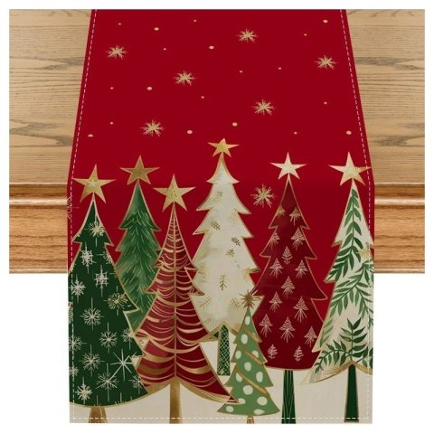 Lniany bieżnik na stół bożonarodzeniowy, czerwony, choinki 180 x 33cm BZK05