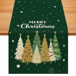 Lniany bieżnik na stół bożonarodzeniowy, zielony, choinki 180 x 33cm BZK06