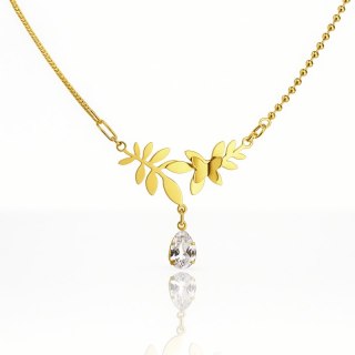 Naszyjnik stal szlachetna pozłacana 14k złotem, listki, motyl, cyrkonia NST2212