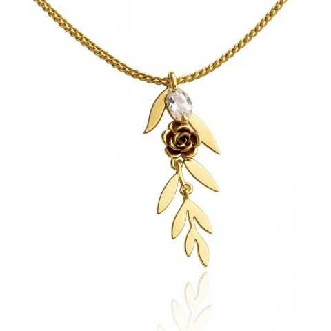 Naszyjnik stal szlachetna pozłacana 14k złotem, listki, róża cyrkonia NST2211