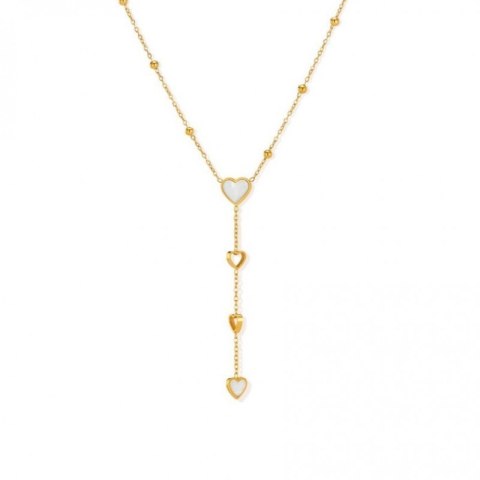 Naszyjnik stal szlachetna pozłacana 14k złotem, zwisający, serca masa perłowa NST2151