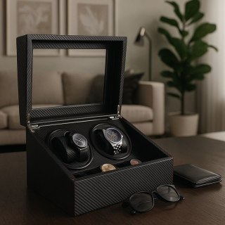 Rotomat na zegarek automatyczny, szkatułka gablotka Karbon czarny 31x24x18cm PD105