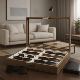 Szkatułka 8 przegródek na okulary lub akcesoria, etui organizer, szkło PDMDF07