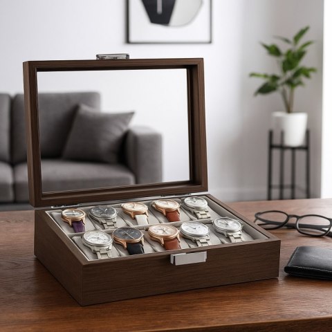 Szkatułka na 10 zegarków, etui, organizer zamykany ze szkłem 26x21cm PDMDF05