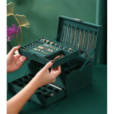 Szkatułka na biżuterię kuferek etui organizer butelkowa zieleń PD119