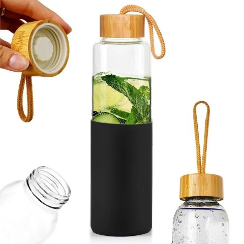 Butelka na Wodę VILDE Szklana 600 ml Silikonowy Pokrowiec Czarny