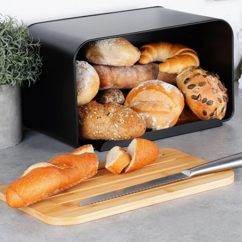 Chlebak Pojemnik z Deską Bambusową Metalowy Czarny VILDE 35 x 22 x 20,5 cm