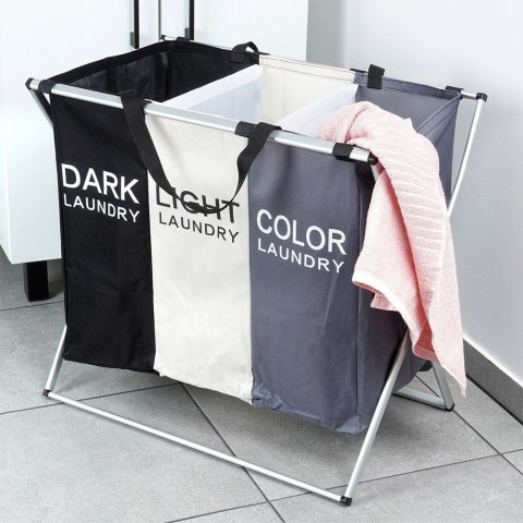 Kosz na Pranie Składany Trzykomorowy Pojemny Wytrzymały VILDE 62x37,5x56cm