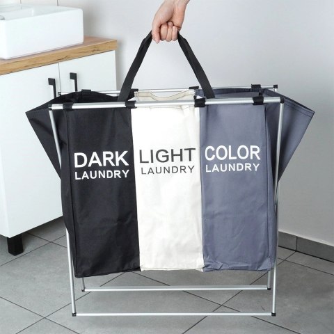 Kosz na Pranie Składany Trzykomorowy Pojemny Wytrzymały VILDE 62x37,5x56cm