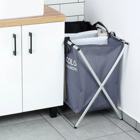 Kosz na Pranie Składany Trzykomorowy Pojemny Wytrzymały VILDE 62x37,5x56cm