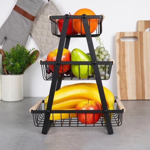 Koszyk na Owoce Warzywa 3-Poziomowy Metalowy Czarny VILDE 28x17,5x34,5 cm